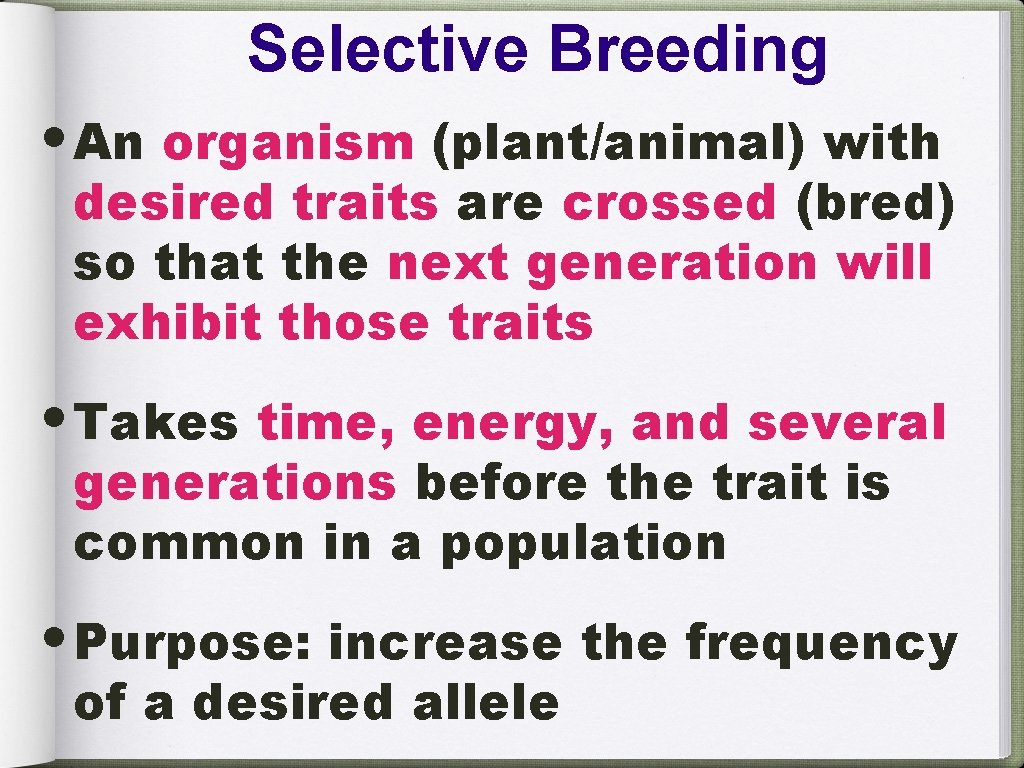 Selective Breeding • An organism (plant/animal) with desired traits are crossed (bred) so that