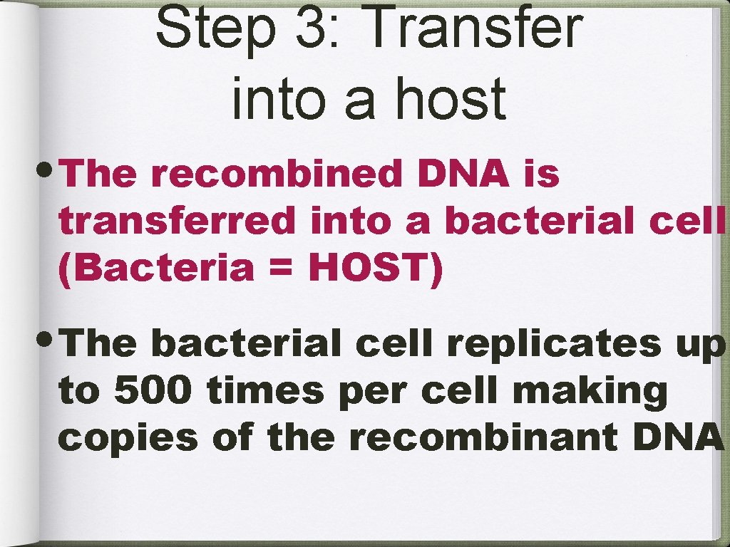 Step 3: Transfer into a host • The recombined DNA is transferred into a