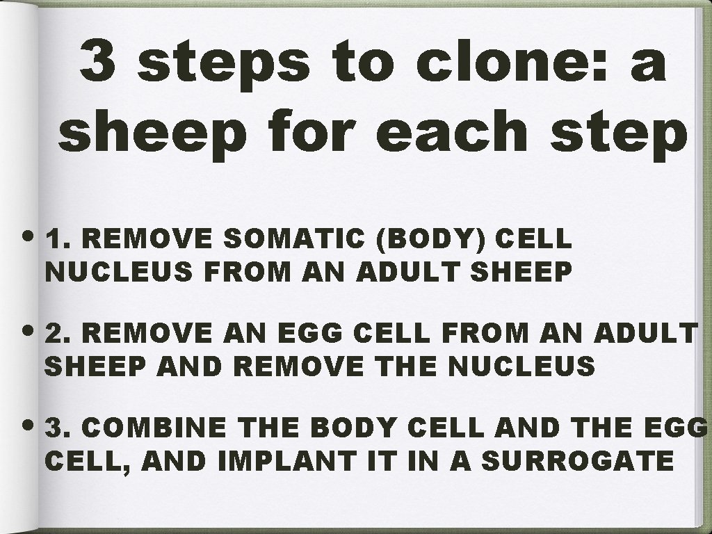 3 steps to clone: a sheep for each step • 1. REMOVE SOMATIC (BODY)