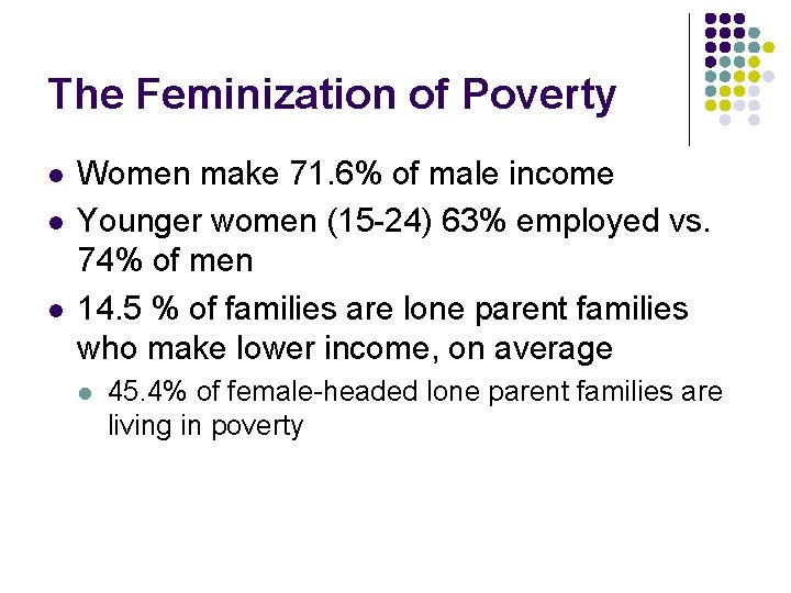 The Feminization of Poverty l l l Women make 71. 6% of male income