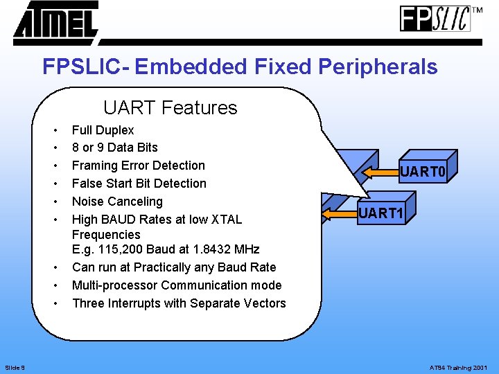 FPSLIC- Embedded Fixed Peripherals UART Features • • • Slide 9 Full Duplex 8