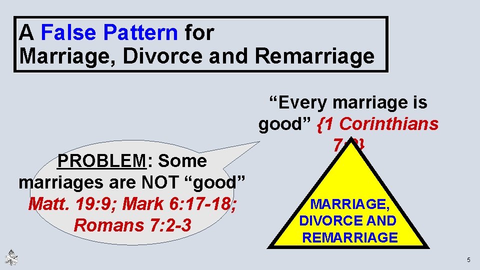 A False Pattern for Marriage, Divorce and Remarriage PROBLEM: Some marriages are NOT “good”