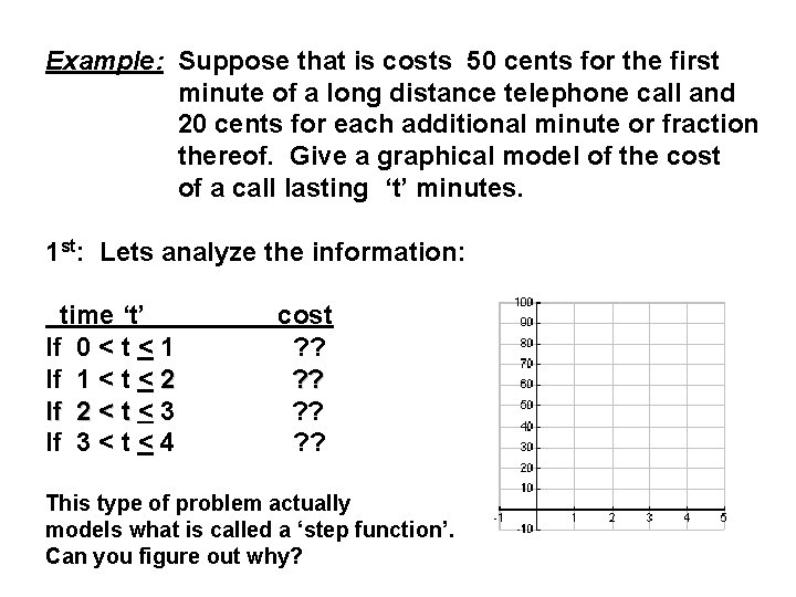 Example: Suppose that is costs 50 cents for the first minute of a long