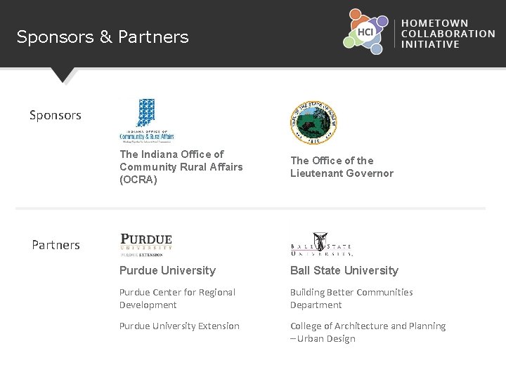 Sponsors & Partners Sponsors The Indiana Office of Community Rural Affairs (OCRA) The Office