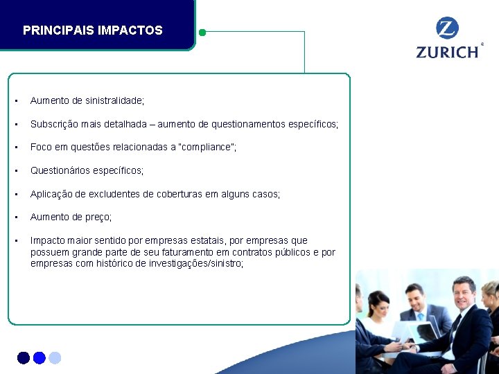 PRINCIPAIS IMPACTOS • Aumento de sinistralidade; • Subscrição mais detalhada – aumento de questionamentos