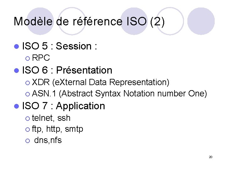 Modèle de référence ISO (2) l ISO 5 : ¡ RPC Session : l