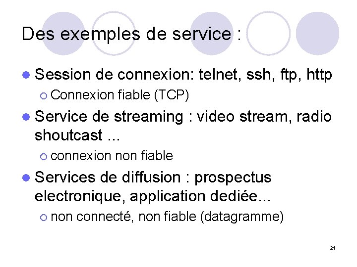 Des exemples de service : l Session de connexion: telnet, ssh, ftp, http ¡