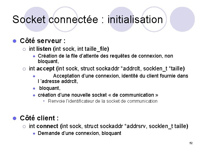 Socket connectée : initialisation l Côté serveur : ¡ int listen (int sock, int