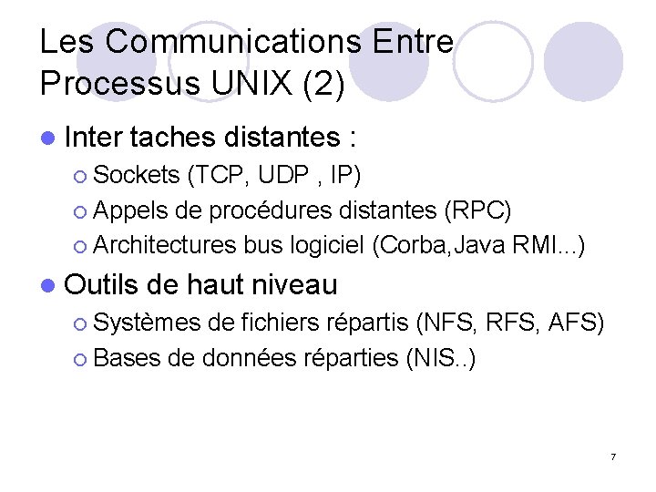 Les Communications Entre Processus UNIX (2) l Inter taches distantes : ¡ Sockets (TCP,