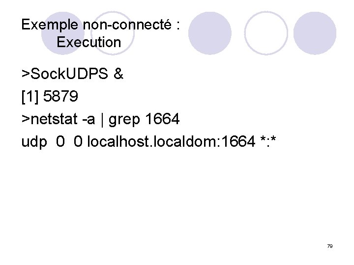 Exemple non-connecté : Execution >Sock. UDPS & [1] 5879 >netstat -a | grep 1664