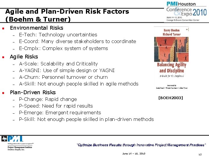 Agile and Plan-Driven Risk Factors (Boehm & Turner) n Environmental Risks — — —