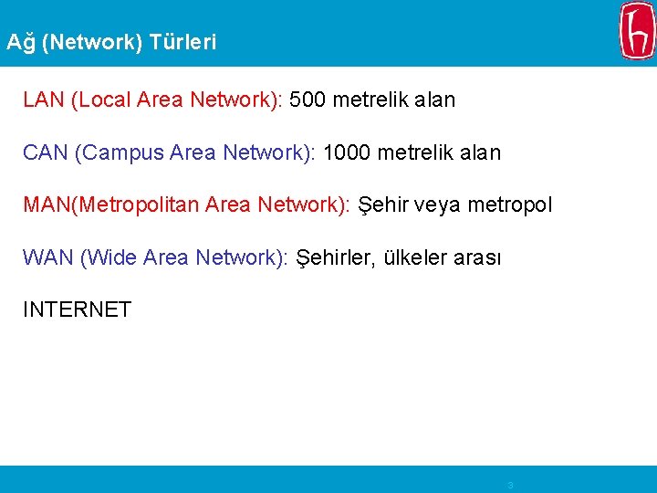 Ağ (Network) Türleri LAN (Local Area Network): 500 metrelik alan CAN (Campus Area Network):