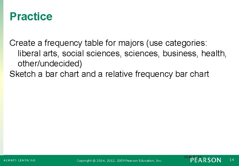 Practice Create a frequency table for majors (use categories: liberal arts, social sciences, business,