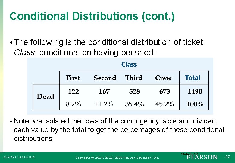 Conditional Distributions (cont. ) • The following is the conditional distribution of ticket Class,