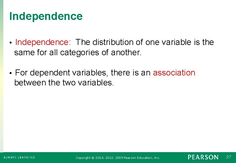 Independence • Independence: The distribution of one variable is the same for all categories