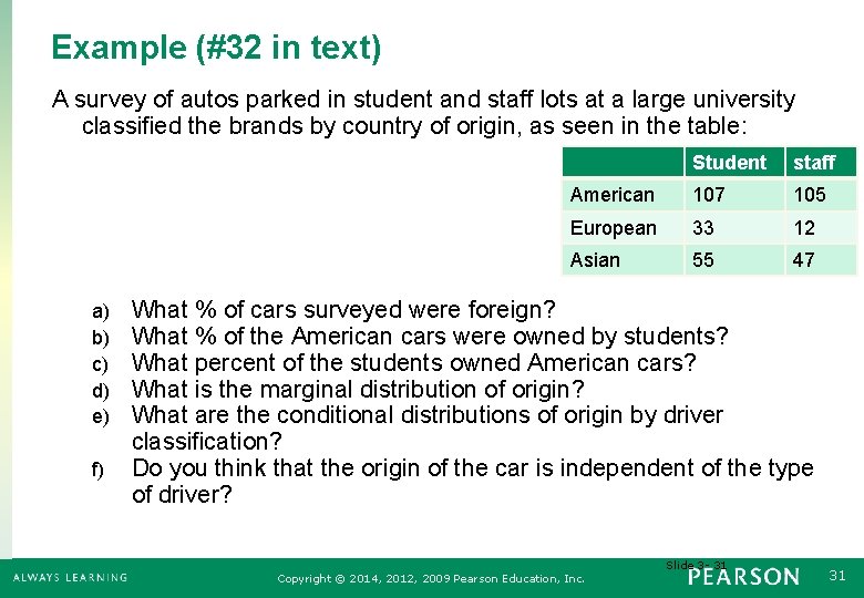 Example (#32 in text) A survey of autos parked in student and staff lots