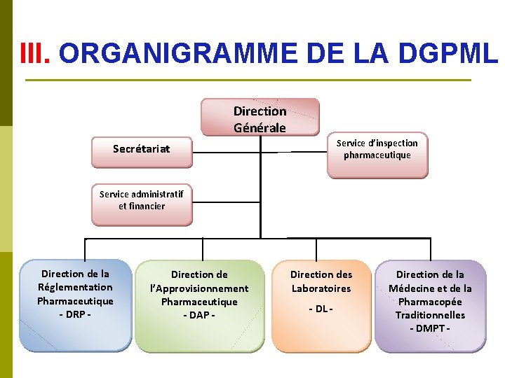 III. ORGANIGRAMME DE LA DGPML Direction Générale Service d’inspection pharmaceutique Secrétariat Service administratif et