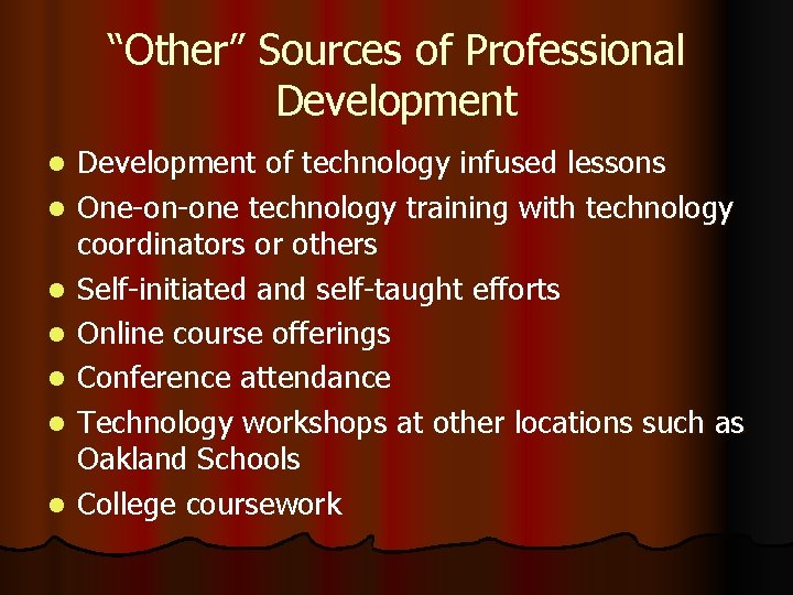 “Other” Sources of Professional Development l l l l Development of technology infused lessons