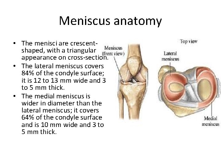 Meniscus anatomy • The menisci are crescentshaped, with a triangular appearance on cross-section. •