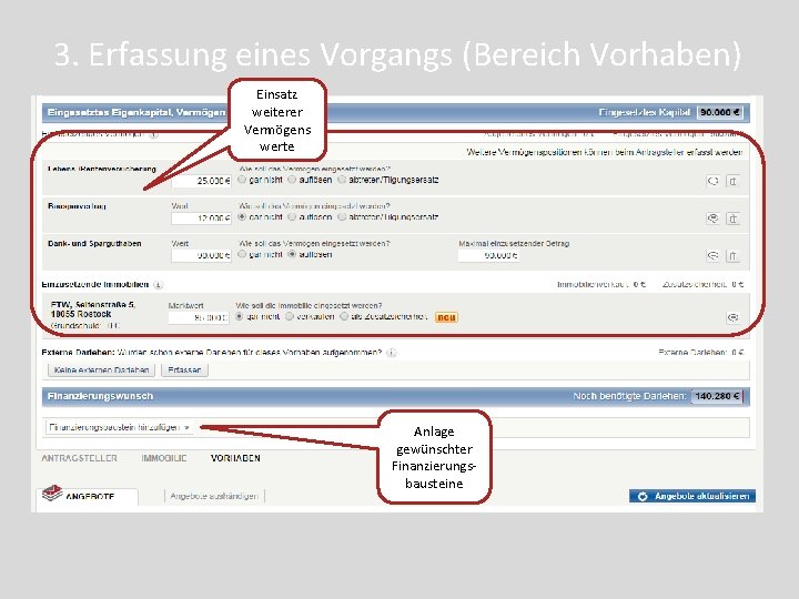 3. Erfassung eines Vorgangs (Bereich Vorhaben) Einsatz weiterer Vermögens werte Anlage gewünschter Finanzierungsbausteine 