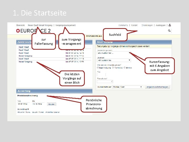 1. Die Startseite Suchfeld zur Fallerfassung zum Vorgangs -management Kurzerfassung: mit 6 Angaben zum