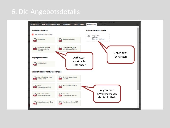 6. Die Angebotsdetails Anbieterspezifische Unterlagen anhängen Allgemeine Dokumente aus der Bibliothek 