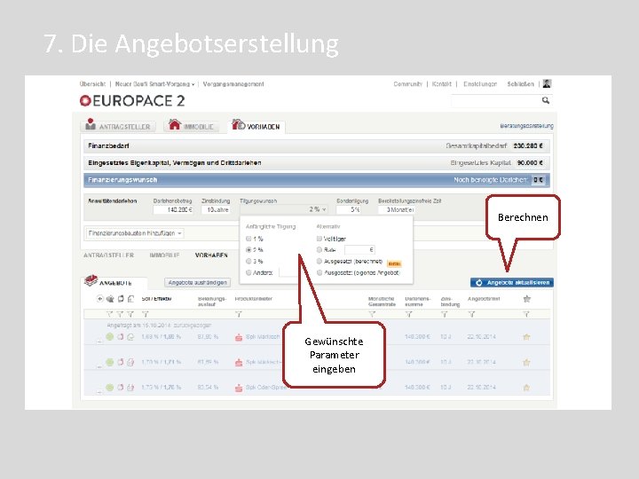 7. Die Angebotserstellung Berechnen Gewünschte Parameter eingeben 