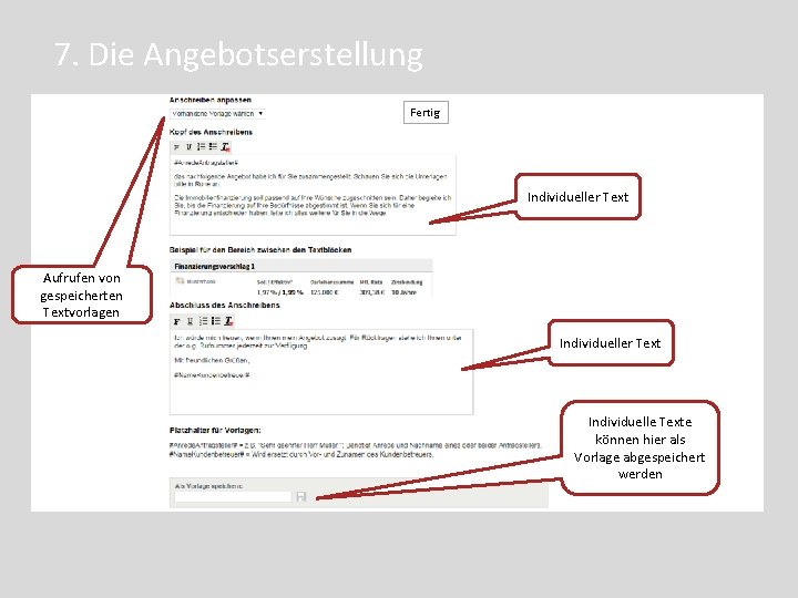 7. Die Angebotserstellung Fertig Individueller Text Aufrufen von gespeicherten Textvorlagen Individueller Text Speichern von