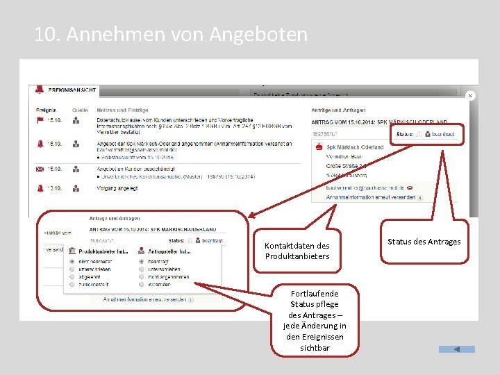 10. Annehmen von Angeboten Kontaktdaten des Produktanbieters Fortlaufende Status pflege des Antrages – jede