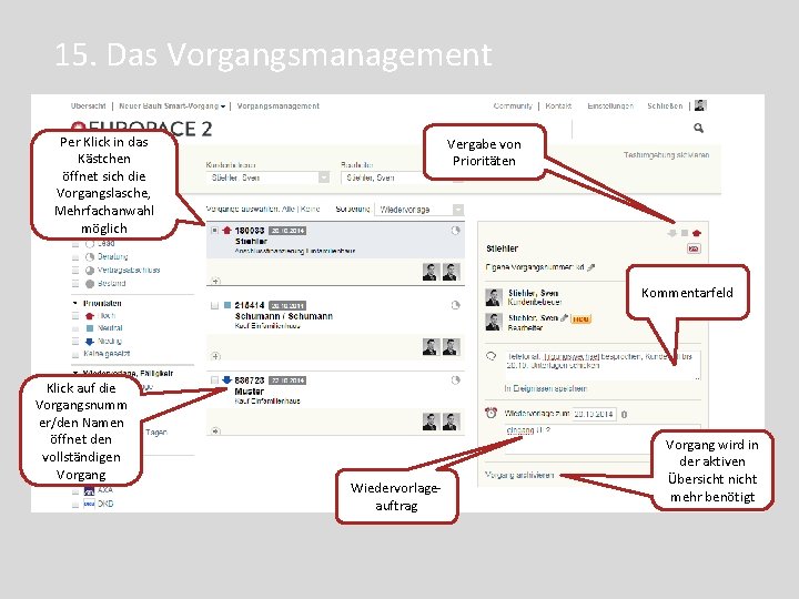 15. Das Vorgangsmanagement Per Klick in das Kästchen öffnet sich die Vorgangslasche, Mehrfachanwahl möglich