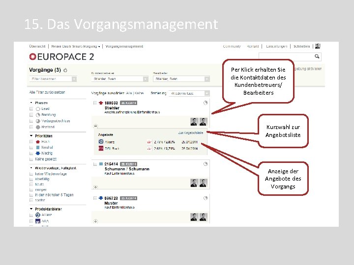 15. Das Vorgangsmanagement Per Klick erhalten Sie die Kontaktdaten des Kundenbetreuers/ Bearbeiters Kurzwahl zur