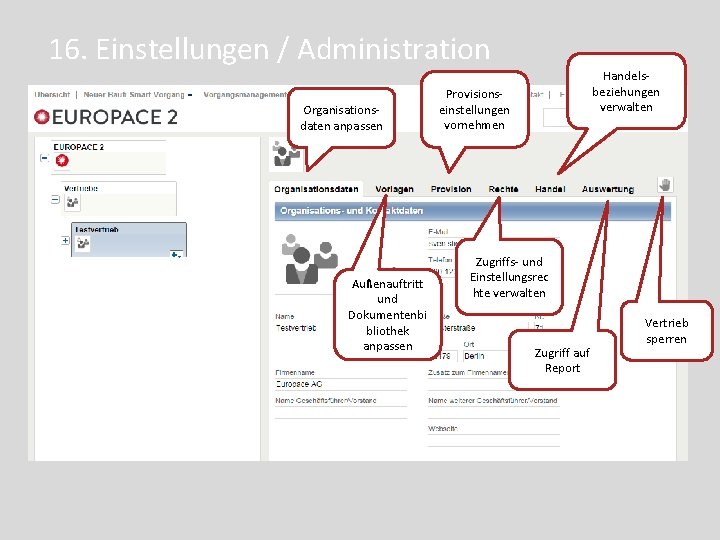 16. Einstellungen / Administration Organisationsdaten anpassen Außenauftritt und Dokumentenbi bliothek anpassen Handelsbeziehungen verwalten Provisionseinstellungen