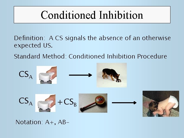 Conditioned Inhibition Definition: A CS signals the absence of an otherwise expected US. Standard