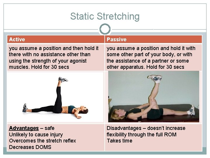 Static Stretching Active Passive you assume a position and then hold it there with