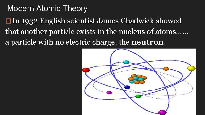 Modern Atomic Theory � In 1932 English scientist James Chadwick showed that another particle