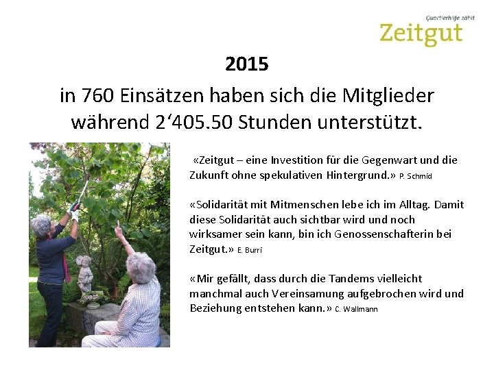 2015 in 760 Einsätzen haben sich die Mitglieder während 2‘ 405. 50 Stunden unterstützt.