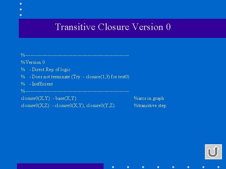 Transitive Closure Version 0 %-------------------------------%Version 0 % - Direct Rep of logic % - Transitive Closure Version 0 %-------------------------------%Version 0 % - Direct Rep of logic % -