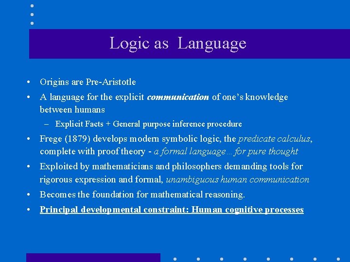 Logic as Language • Origins are Pre-Aristotle • A language for the explicit communication Logic as Language • Origins are Pre-Aristotle • A language for the explicit communication