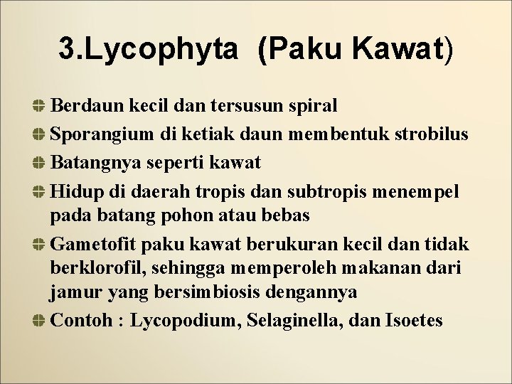 3. Lycophyta (Paku Kawat) Berdaun kecil dan tersusun spiral Sporangium di ketiak daun membentuk