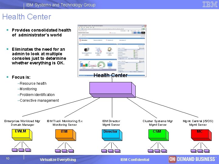 IBM Systems and Technology Group Health Center § Provides consolidated health of administrator’s world