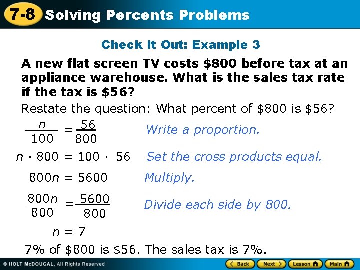 7 -8 Solving Percents Problems Check It Out: Example 3 A new flat screen