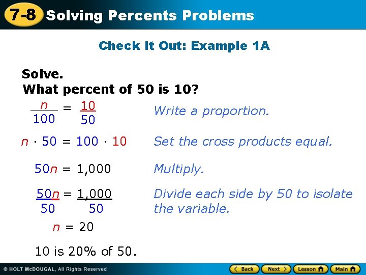 7 -8 Solving Percents Problems Check It Out: Example 1 A Solve. What percent