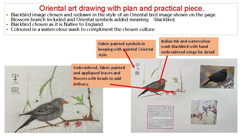 Oriental art drawing with plan and practical piece. • Blackbird image chosen and redrawn