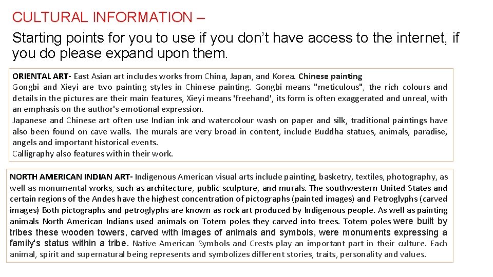 CULTURAL INFORMATION – Starting points for you to use if you don’t have access