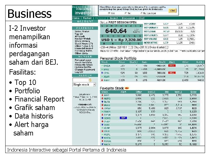 Business I-2 Investor menampilkan informasi perdagangan saham dari BEJ. Fasilitas: • Top 10 •