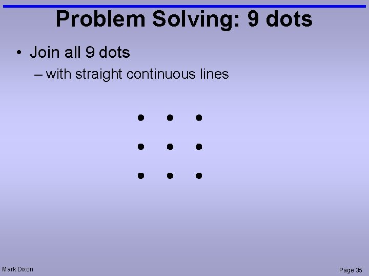 Problem Solving: 9 dots • Join all 9 dots – with straight continuous lines