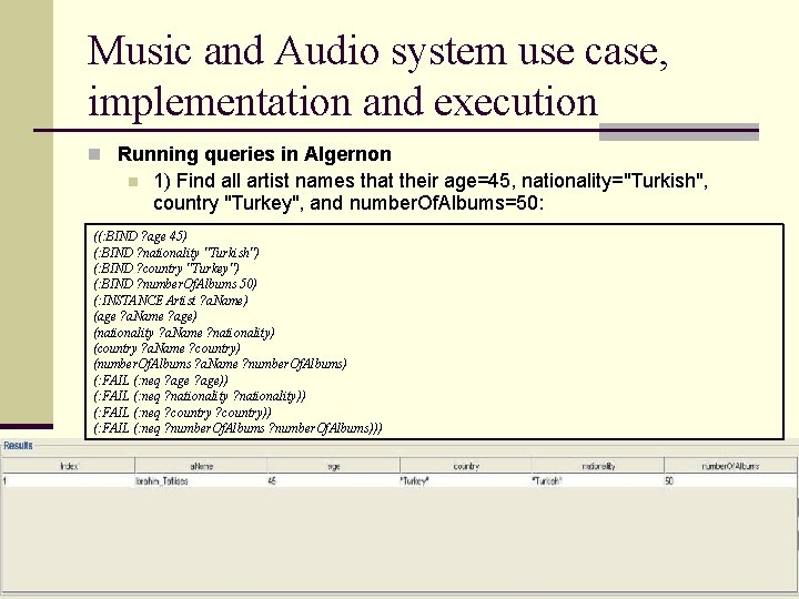 Music and Audio system use case, implementation and execution n Running queries in Algernon