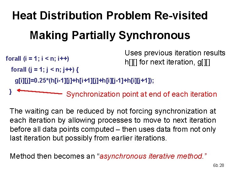 Heat Distribution Problem Re-visited Making Partially Synchronous forall (i = 1; i < n;