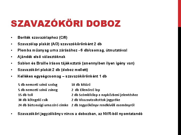 SZAVAZÓKÖRI DOBOZ • Boríték szavazólaphoz (C/6) • Szavazólap plakát (A/3) szavazókörönként 2 db •