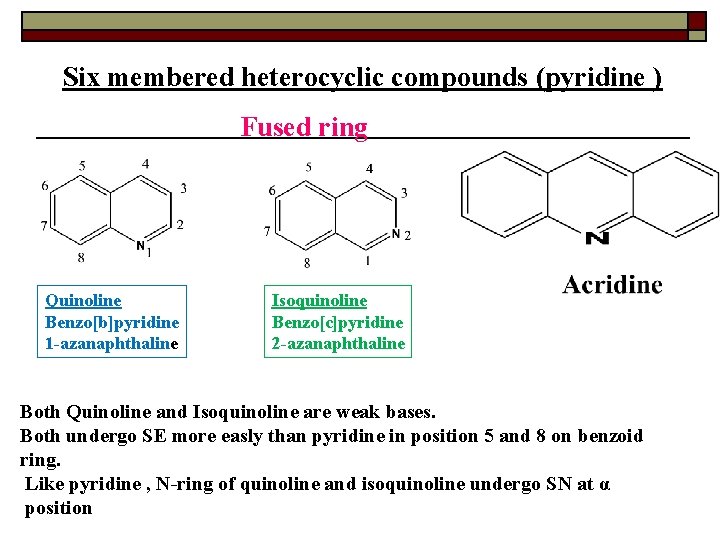 Six membered heterocyclic compounds (pyridine ) Fused ring Quinoline Benzo[b]pyridine 1 -azanaphthaline Isoquinoline Benzo[c]pyridine